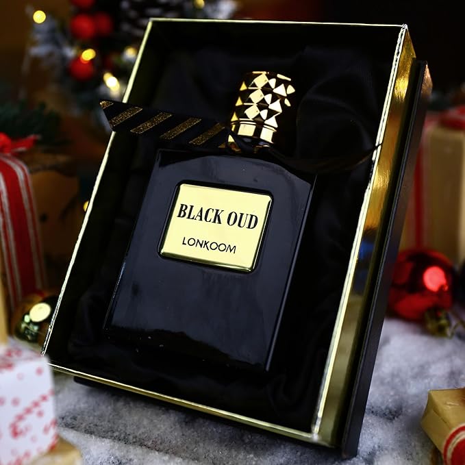 Lonkoom Black Oud Perfume for Men, Woody Eau De Parfum Spray Long-Lasting Fragrance, Notes of Lanvender Salvia Bergamot Chrysophoron Cocoa Pod Cardamom Patchouli Leather Vetiver