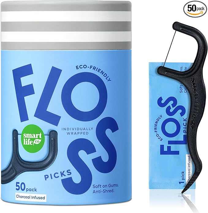 Individually Wrapped Dental Floss Picks (50ct) - Eco-Friendly Flosser Handle Made with Straw Wheat Blend | Great for Travel | PFA Free | Toothpick Stick End | Bamboo Charcoal Thread Whitens Teeth