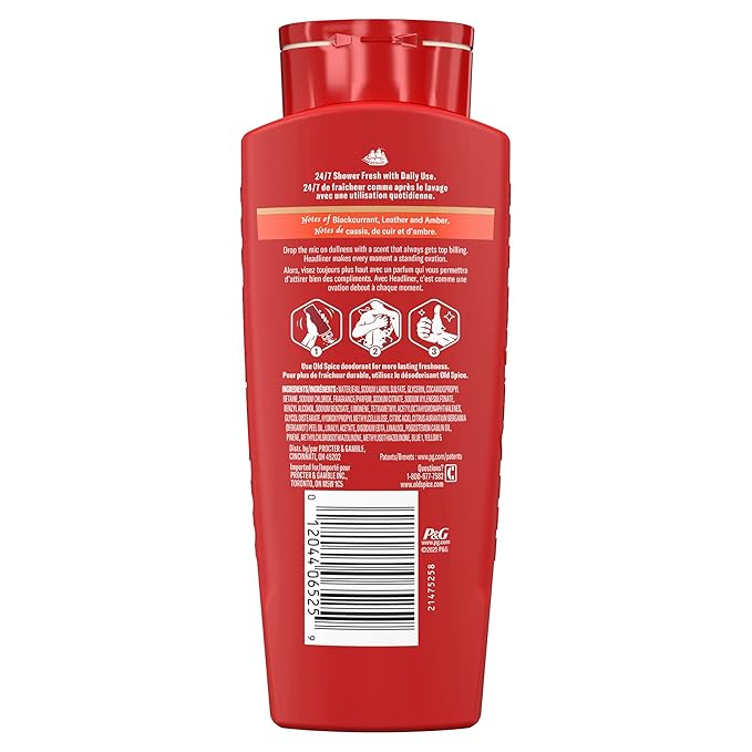 Old Spice Body Wash for Men, 24/7 Shower Fresh & Clean with Daily Use, Lasting Signature Scent, Refreshing Lather, Moisturizing Formula, Headliner with Black Currant, Leather, & Amber Scent, 24 oz