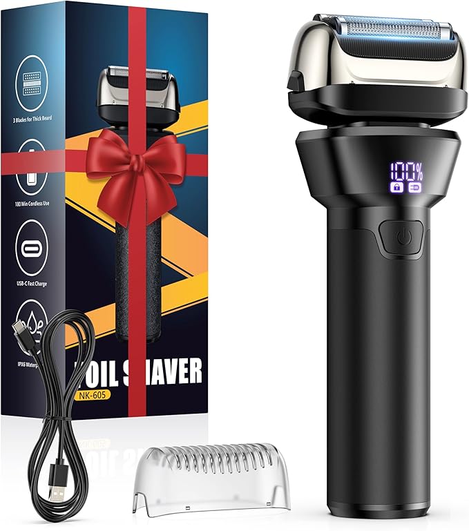 Electric Foil Shavers for Men Electric Razor with 4D Flex Floating Heads,Rechargeable Beard Trimmer with LED Display,Cordless Face Shaver for Travel,IPX6 Waterproof Wet Dry Face Razor,USB Type C