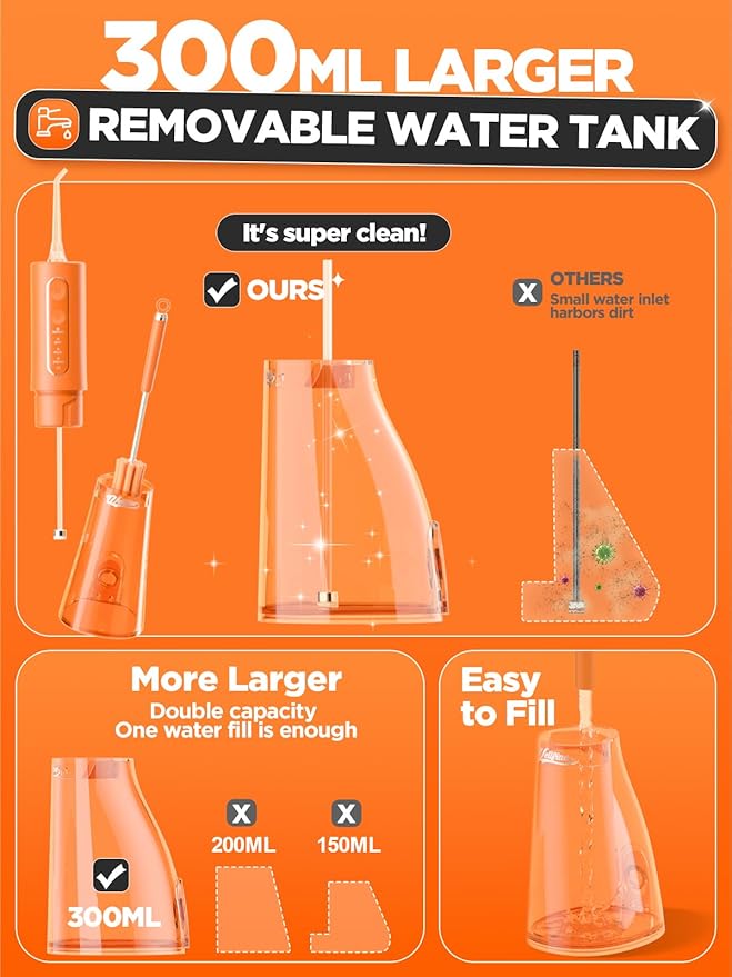 WELLFINE Water Dental Flosser Teeth Pick: Portable Cordless 4 Modes Flossers Pic 300ML Rechargeable Floss Pik Powerful IPX7 Waterproof Oral Irrigator for Cleaning Gum Care Braces for Home Travel