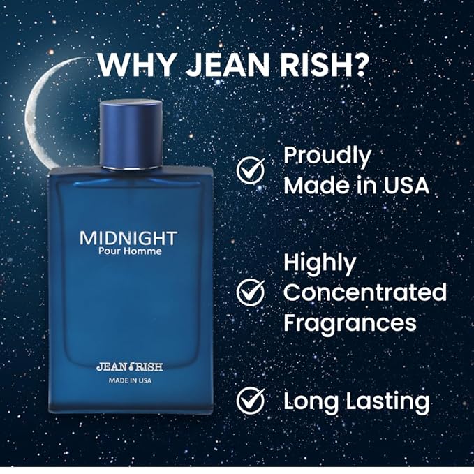 Jean Rish Midnight Pour Homme Eau De Toilette for Men (3.4 Fl Oz / 100ml) with Bergamot, Lavender & Patchouli - Long Lasting and Luxury Fragrance
