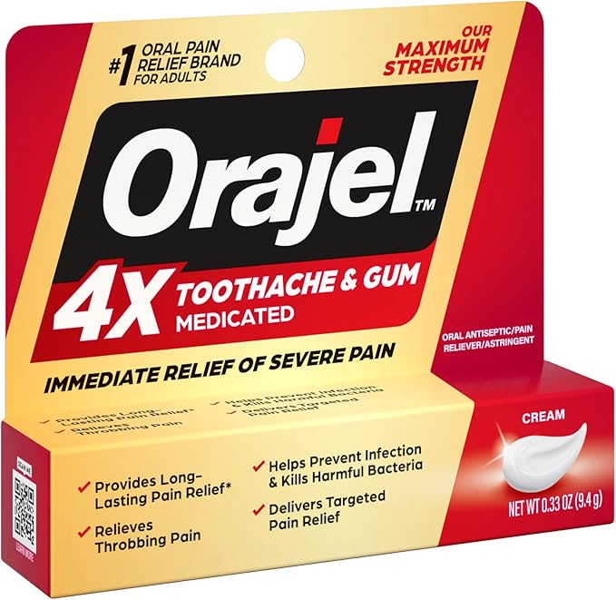 Orajel 4X for Toothache & Gum Pain: Severe Cream Tube 0.33oz- From Oral Pain Relief Brand
