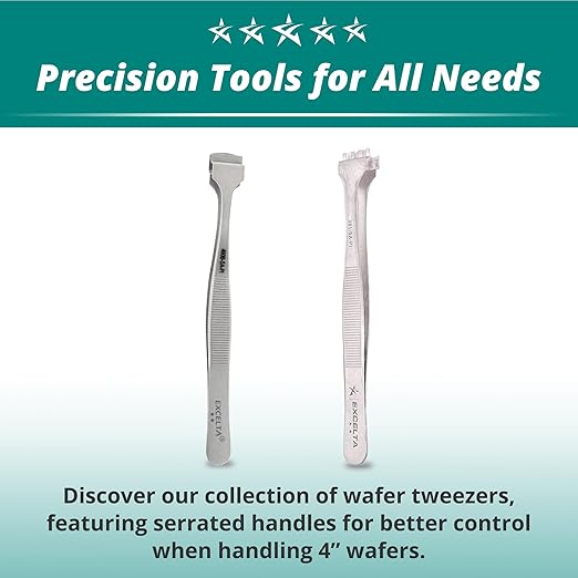 Excelta Wafer Tweezers for 4" Wafers, 5" Fingered Paddle with Guide Pin, Anti-Magnetic Stainless Steel, Features Serrated Handles for Better Control, Intermediate