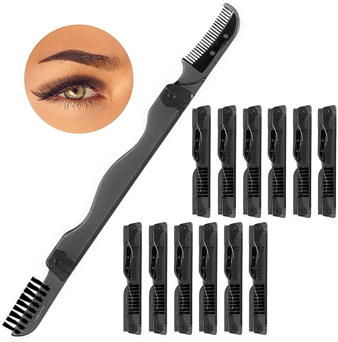 12 Bulk Eyebrow Razors Pocket Folding Facial Hair Trim Shaper Shaver Brush Comb
