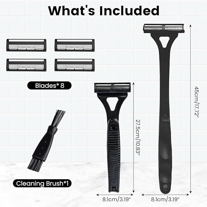 Back Shaver for Men with 8 Replacement Blades, Foldable Long Handle Body Hair Remover, Manual Back Razor Groomer for Men, Wet or Dry Shaving Body Trimmer for Smooth Hair Removal (Black)