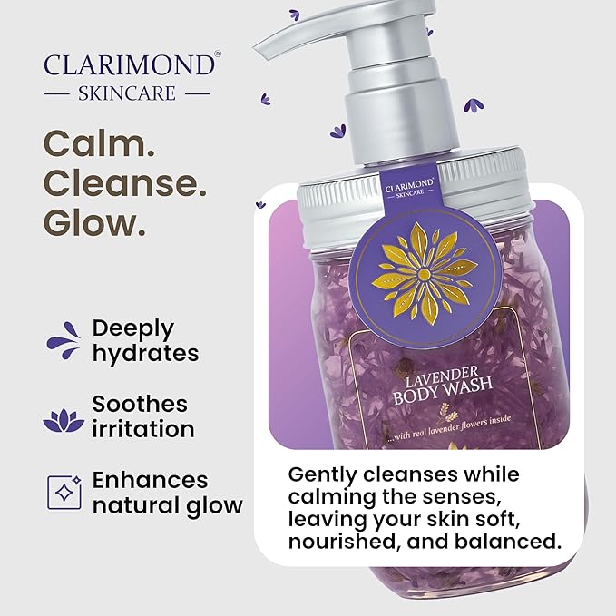 Lavender Body Wash – Sulfate Free Hydrating Shower Gel with Aloe Vera & Real Lavender Petals, Moisturizing Body Wash for Sensitive & Dry Skin, Calming Aromatherapy Cleanser, 10.14 fl oz Pump