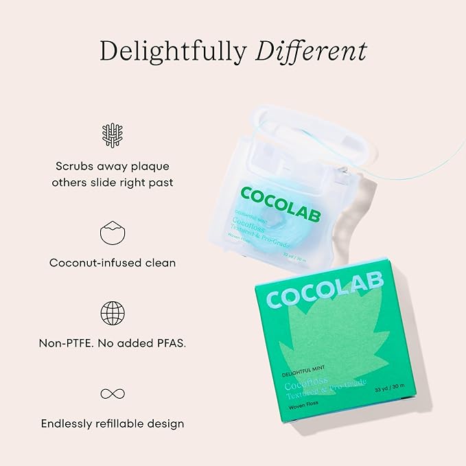 Cocofloss Woven Dental Floss, Dentist-Designed Oral Care, Mint, Waxed, Expanding, Vegan, Kid-Friendly String Floss with Coconut Oil, 4 Spools (33 yd Each)