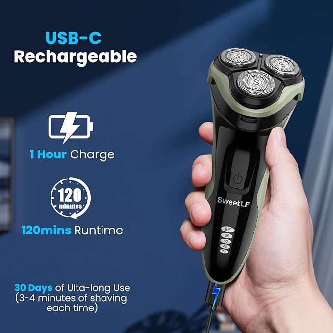 SweetLF Electric Razor for Men with Pop-Up Trimmer, IPX7 Waterproof Electric Shaver, Rechargeable Cordless Shavers for Men, Type-C, 120Mins Runtime, Plug & Play