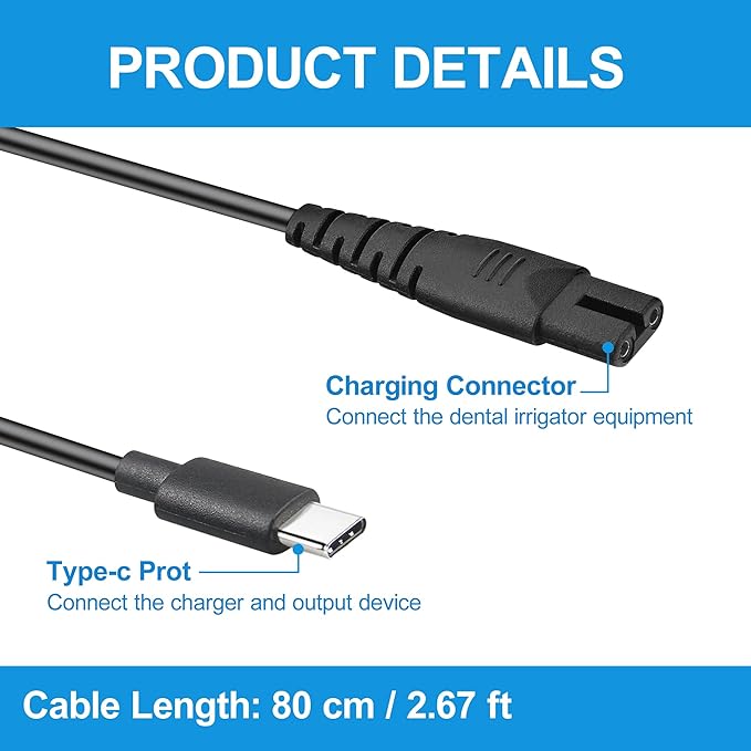 Irrigator Accessories Charger Cord Replacement Compatible with COSLUS, Aquasonic,Nicwell, Nicefeel, MOSPRO, Oralfree Water Flosser (1Pack)