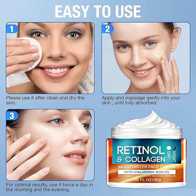 Retinol and Collagen Face Cream, Retinol Face Moisturizer with Hyaluronic Acid, Day & Night Anti Aging, Reduces Wrinkles, Fine Line, Hydrating Facial Moisturizer for Women Men Moisturizing Skin