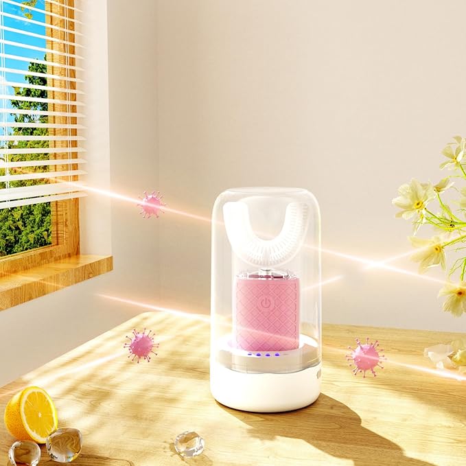 Adult Sonic Automatic Electric Toothbrush, 360° Oral Cleaning Stain Whitening, IPX7 Waterproof Rechargeable, u-Shape Brush Head*3+Straight Handle Brush Head*2 (Pink-Cup)