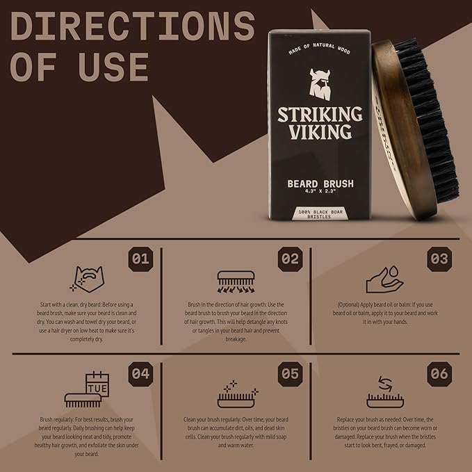 Striking Viking Beard Brush for Men - 4.3-Inch Beech Wood Handle, Brown - Boar Bristle Beard Brush, Travel Size Detangler & Static Reducer