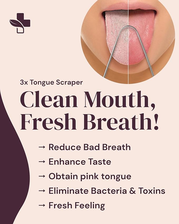 YogaMedic Tongue Scraper (3 Pack) - 100% Stainless Steel Tongue Cleaner for Adults & Kids - Gentle Anti-Gag U-Shape Design for Fresh Breath - Travel-Ready Oral Care Set with Case - Non-Porous Metal