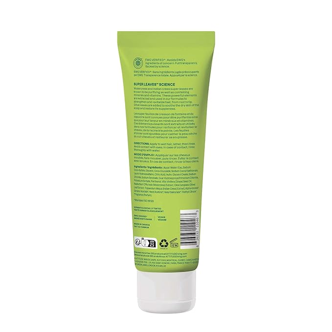 ATTITUDE Nourishing Hair Shampoo, EWG Verified, For Dry and Damaged Hair, Naturally Derived Ingredients, Vegan, Plant Based, Grapeseed Oil and Olive Leaves, 8 Fl Oz
