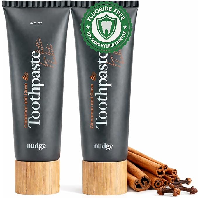 Nudge 10% Nano Hydroxyapatite Toothpaste, Enamel Friendly Advanced Clean, Vitamin E, Fluoride-Free, SLS-Free, Cinnamon & Clove, 4.5 oz (Pack of 2)