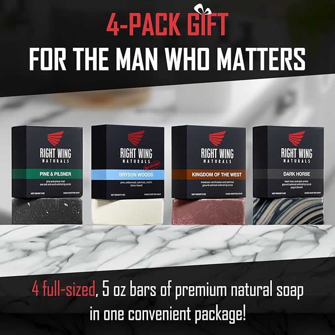 Right Wing Naturals Bar Soap Gift Set for Men | Handcrafted Cold-Pressed Soap | Handmade Organic Soap for Men | Most Popular Flavors | Natural Scented Men’s Bar Soap| Pack of 4 Bars (The Frontiersman)