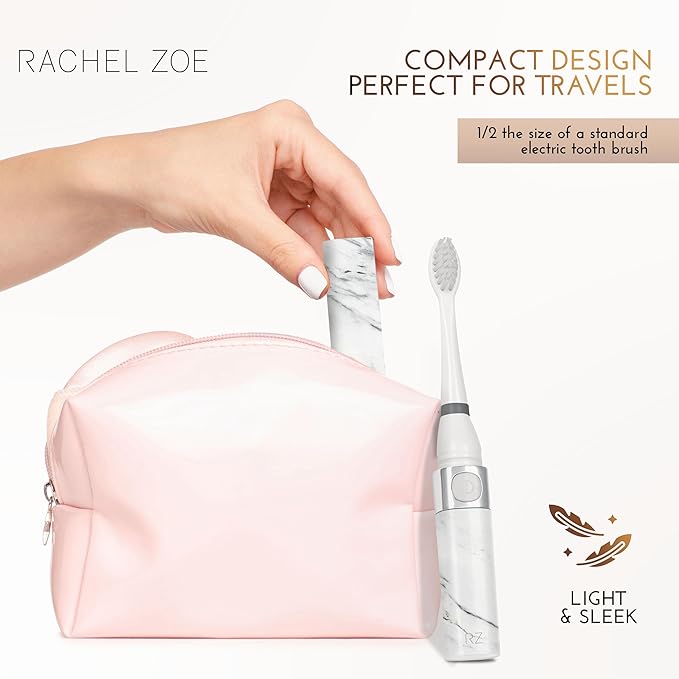 Rachel Zoe Portable Electric Toothbrush for Adults, Battery Operated Compact Sonic Tooth Brush for Trips, Waterproof Travel Toothbrush with Cover, 2 Removable Brush Heads Included, Gray