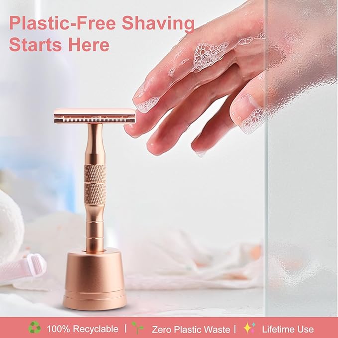Rose Gold Double Edge Safety Razor with Stand, Single Blade Razors for Women and Men, Reusable Metal Razor, with 10 Double Edge Blades, Smooth & Close Shave, Plastic Free