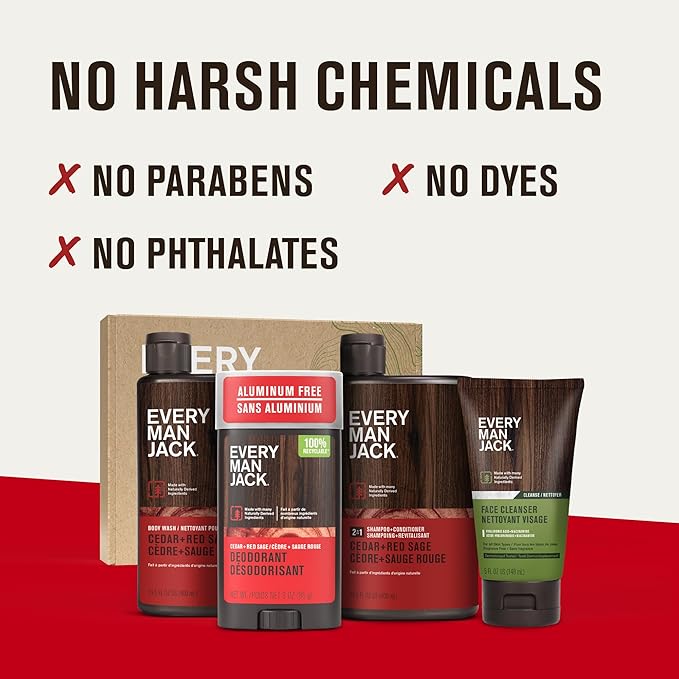 Every Man Jack Men's Bath and Body Gift Set - Cedar & Red Sage Scent - Clean Ingredients - Includes Hydrating Body Wash, 2-in-1 Shampoo, Aluminum-free Deodorant & Face Wash