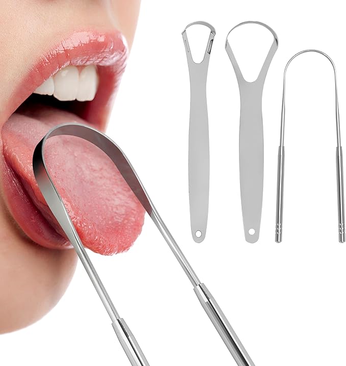 3-Pack Tongue Scraper with Travel Case (Silver), Reduce Bad Breath, Metal Tongue Scraper, Tongue Cleaner, Tongue Scraper, Tongue Cleaner for Adults
