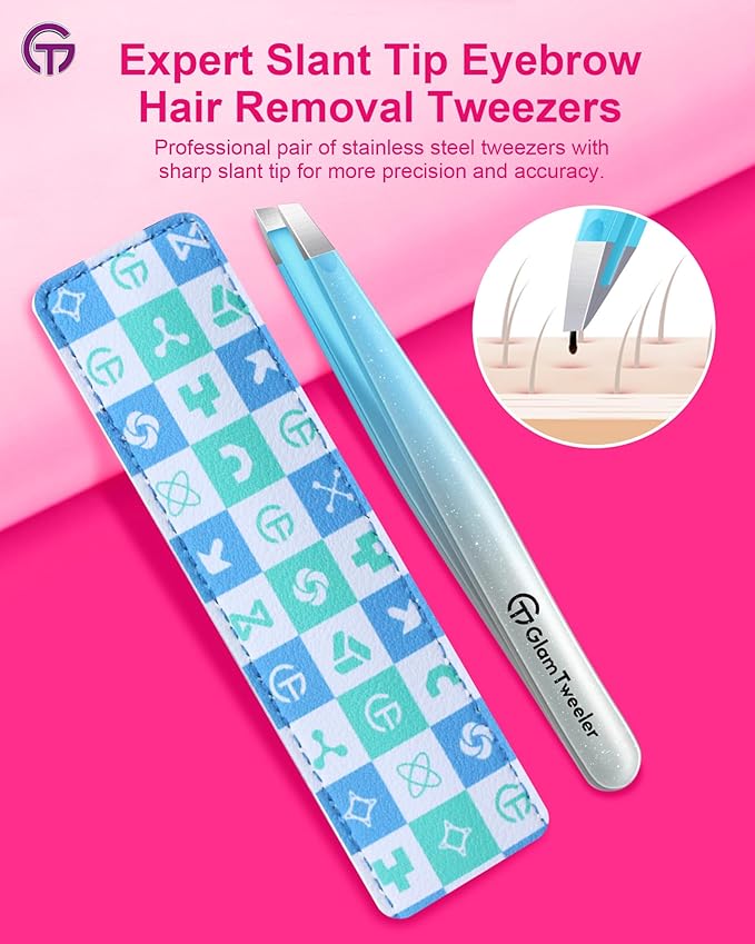 Expert Slant Tip Tweezers with Leather Case, GlamTweeler Sharp & Precision Stainless Steel Tweezer for Eyebrows, Facial Hair and Fine Hairs Removal (Sparkle Blue & Silver)