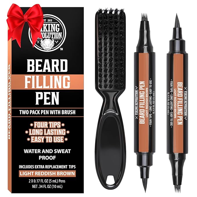 Viking Revolution Beard Pen (2 Pack) - Light Reddish Brown Beard Pencil Filler for Men - Beard Filler for Men Waterproof Beard Filling Pen Kit - Long Lasting Beard Filler Pen with Brush