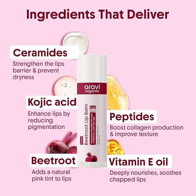 Aasrvi Sarganic Beetroot Tinted Lip Balm SPF 50 PA+++ | Brightening Lip Balm for Dark Lips | Hydrates Dry & Chapped Lips | Kojic Acid, Ceramide, Peptide & Vitamin E | Men & Women | 5g