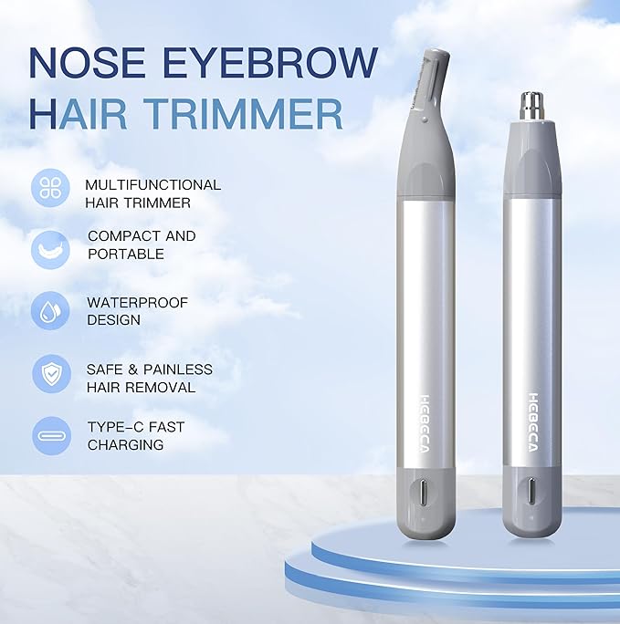 Nose Hair Trimmer for Men Women 2in1 Facial Hair Removal Trimmer - Metal Body, Rechargeable, Waterproof, Portable - Nose, Ear, Eyebrow, Peach-Fuzz, Lips, Chin (Silver)