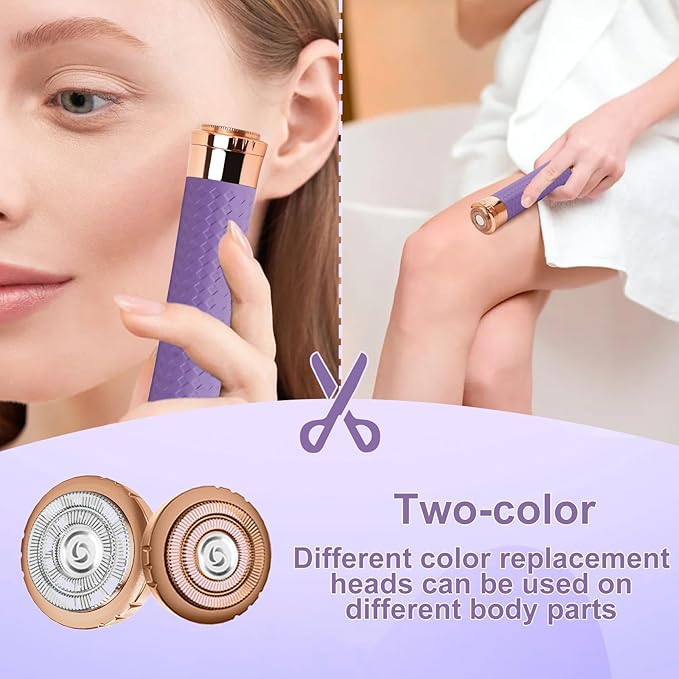 Facial Hair Remover for Women, Painless Rechargeable Hair Removal Device, Comes with 2 Replacement Heads, Portable Electric Shaver/Razors for Face, chin, upper lip, arms and peach fuzz (Silver)