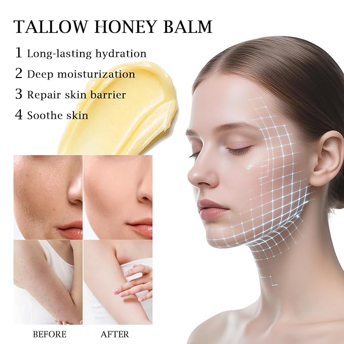 100% Grass Fed Whipped Beef Tallow Balm, Ultra Moisturizing Skin Cream for Face, Body Hands, Natural Skincare with Honey Coconut Oil Olive Oil and Avocado Oil for All Skin