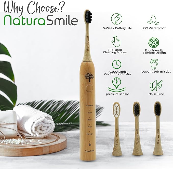 Bamboo Electric Toothbrush for Adult, Sonic Electric Tooth Brush with Pressure Sensor, 4 Biodegradable Heads, 5 Modes, 6-Weeks Battery, Tongue Scraper, Toothpaste Tablets, Travel Bag