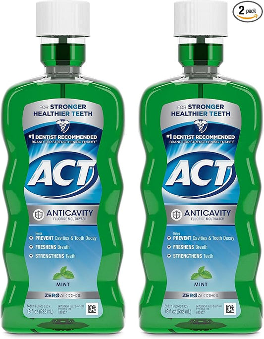 ACT Anticavity Fluoride Mouthwash with Zero Alcohol, Prevents Cavities, Freshens Breath & Strengthens Teeth, Mint Flavor, 18 fl. oz., 2 pk