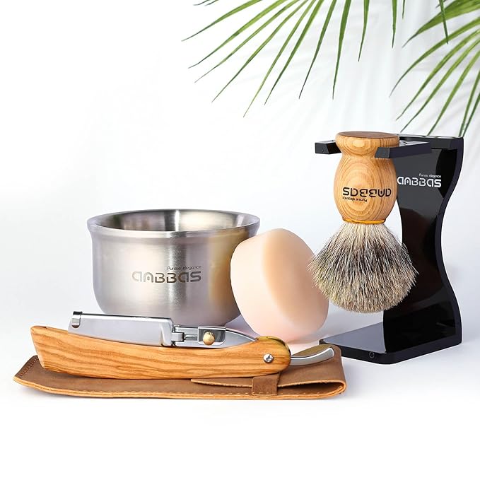 Anbbas Badger Shaving Brush,Stand,Shaving Soap and Bowl,Straight Razor with Bag,10pcs Blades,7in1 Kit for Men Close Shave