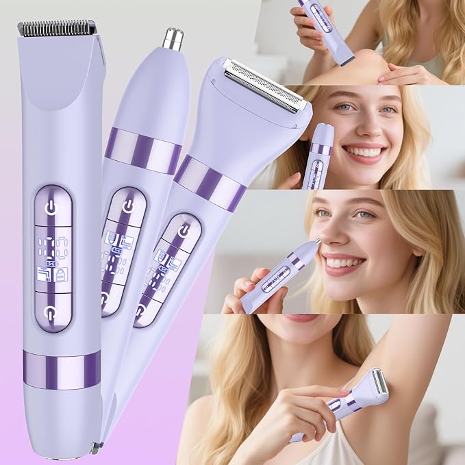 Hatteker 4-in-1 Women's Electric Razor, Dual-Head Body Hair Trimmer for Women, IPX7 Waterproof Rechargeable Bikini Trimmer & Facial Hair Remover for Legs, Armpits, Face, Nose, Eyebrows, Purple