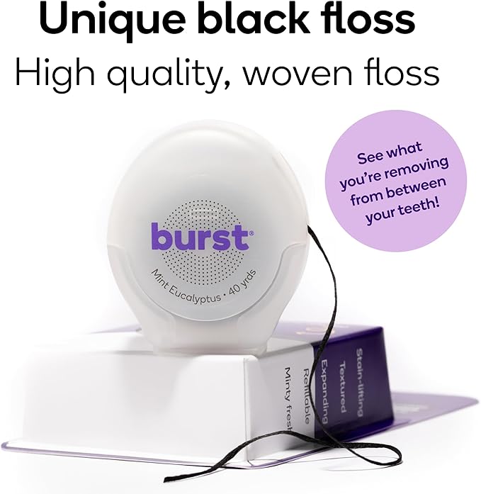BURST Expanding Dental Floss (Mint Eucalyptus/160 Yards) | Stain Absorbing & Woven Teeth Floss with Xylitol Coating to Fight Cavities | Vegan | Paraben Free Expanding Floss