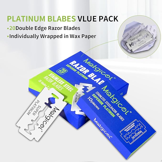 Double Edge Razor Blades for Men - 20 Count Men's Safety Razor Blades for Shaving Premium Platinum Japanese Stainless Steel - Durable, Smooth and Clean Shaves
