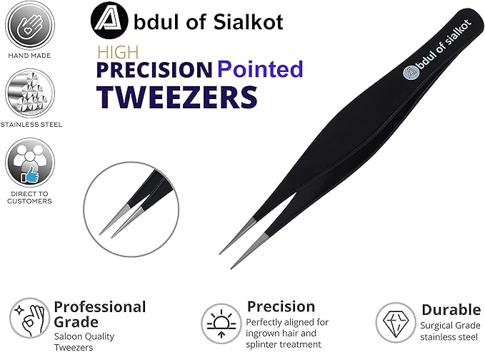 Pointed Tweezers,Needle Nose Tip, Sharp Precision Ingrown Hair, Surgical Pointed for Blackheads & Splinters/Best Tweezers for Eyebrows (Black)