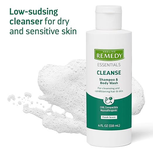 Medline Remedy Essentials Shampoo and Body Wash (4 fl oz), Full Body Cleanser with Aloe, For Adults & Elderly, Easy Rinse Gel for Bath, Shower or Bedside Bathing