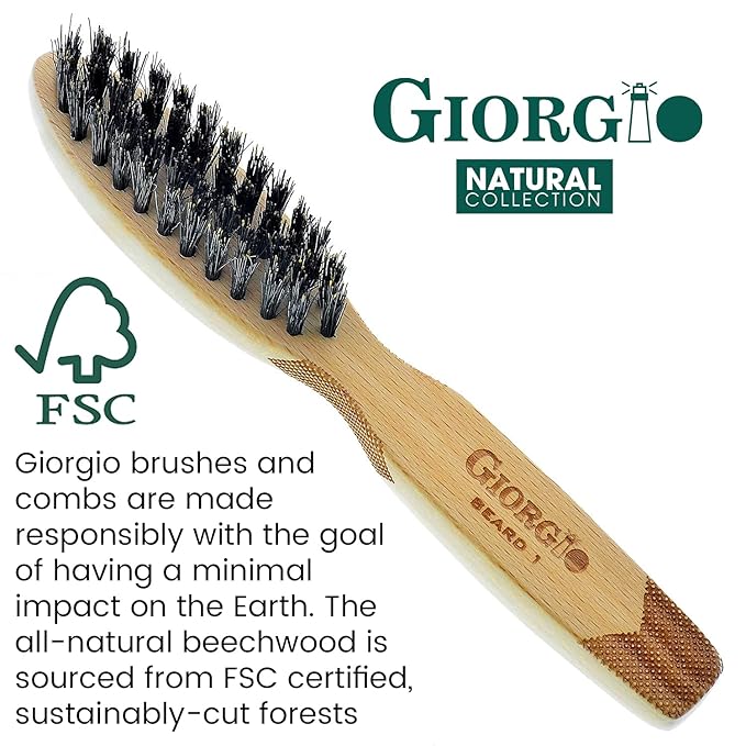 Giorgio GBRD1 Small Travel Men's Mustache and Beard Brush, Natural Boar Bristle for Flawless Shaping and Grooming. Ergonomic Grip Wood Handle. Dry or Wet, Distributes Oils and Balms to Soften Beard