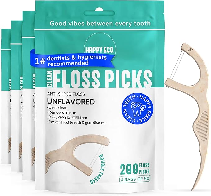 Dental Floss Picks for Teeth (200ct) - Double Thread Tooth Picks Flossers for Adults, Toothpicks Floss, Vegan Corn-Straw Handle, Shred-Resistant String, Interdental Oral Care & Gum Health, Unflavored