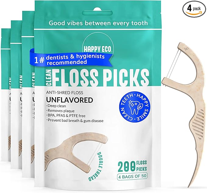 Dental Floss Picks for Teeth (200ct) - Double Thread Tooth Picks Flossers for Adults, Toothpicks Floss, Vegan Corn-Straw Handle, Shred-Resistant String, Interdental Oral Care & Gum Health, Unflavored