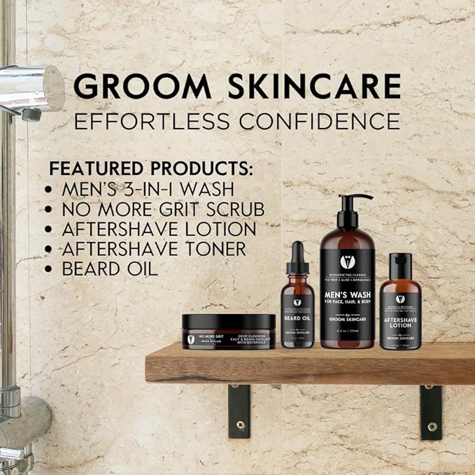 GROOM Men’s Skincare & Beard Care Bundle | After Shave Lotion, Toner & Beard Oil | Soothes Skin, Softens Hair, Fights Irritation & Flakes | 3-Piece Set