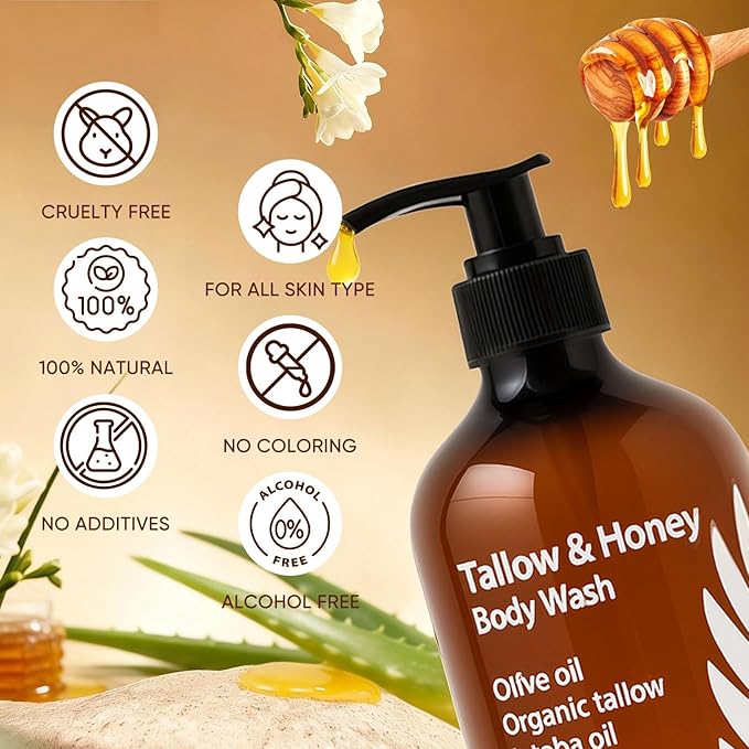 Tallow and Honey Body Wash, Grass-Finished Tallow & Honey Organic Body Wash -10oz, with Grass-Fed Tallow, Olive Oil, Aloe Vera, Shea Butter and Jojoba Oil, Clean & Hydrate Skin (1)