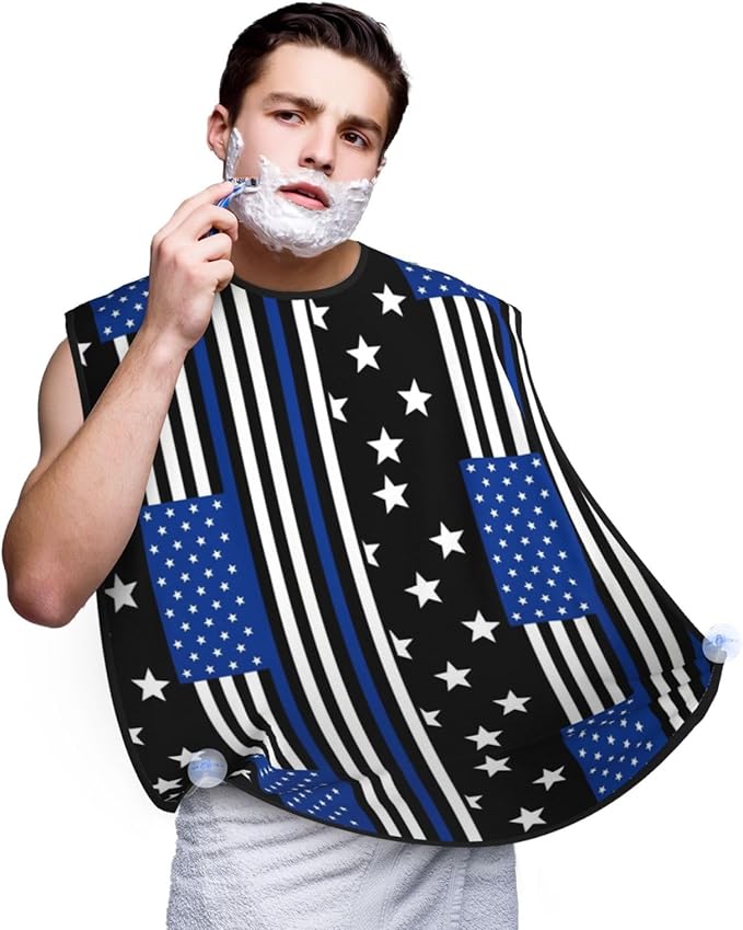 Beard Hair Catcher Bib, Waterproof Non-Stick Grooming Apron for Shaving Trimming, Perfect for Men Dad, Thin Blue Line American Flag Shave Bib