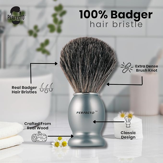 Perfecto 100% Original Pure Badger Shaving Brush, Engineered for The Best Gift For Him. All Methods, Safety Razor, Double Edge Razor, Straight Razor, Shaving Razor, Gift for Men