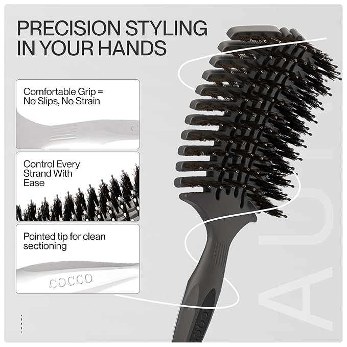 COCCO Aura Vent Boar Brush | Vented Dual-Curved Design for Faster Drying, Effortless Detangling & Shine, Boar + Nylon Bristles, Ergonomic Comfort Handle for Wet & Dry Hair Styling - Black
