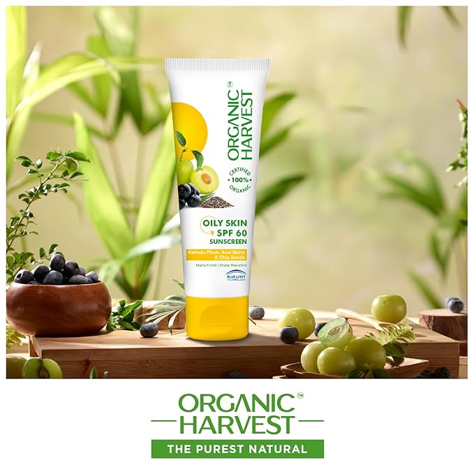 Organic Harvest Sunscreen For Women & Men SPF 60 PA+++ for Oily or Acne Prone Skin | Sunscreen Lotion Protects From Harmful UVA & UVB Rays | Hydrates & Nourished Skin | Sulphate & Paraben Free - 100gm