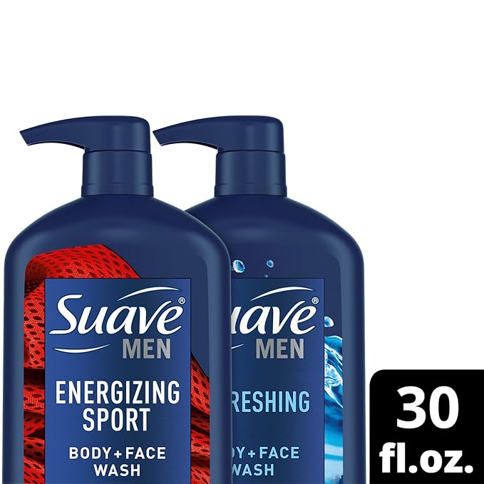 Suave Men Body + Face Wash Bundle – Energizing Sport (Beragmot & Wood) 2-Pack + Refreshing (Cedarwood & Mandarin), 30 Oz Ea