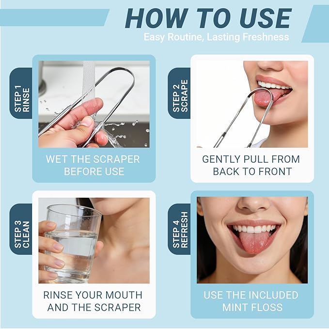 2-Pack Stainless Steel Tongue Scraper for Adults, Metal Tongue Cleaner & Scraper Kit with Travel Case & FREE Dental Floss – Dual Design for Effective Tongue Cleaning, Health & Beauty Essential